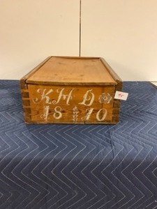 lot 95 image: Antique Wood Box with Sliding Lid dated 1870