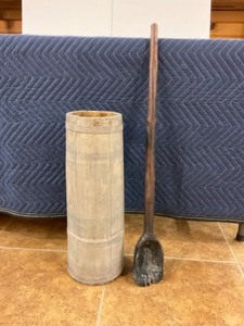 lot 98 image: Antique Butter Churn Base and Antique large Wooden Spoon
