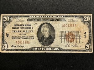 1929 Brown Seal $20 Dollar National Currency Terre Haute, Indiana VERY LOW SERIAL NUMBER