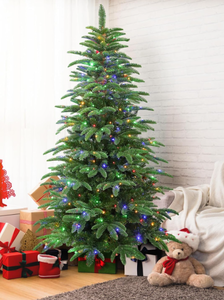 lot 211 image: 7.5ft Prelit Premium Artificial Hinged Christmas Tree, Warm White & Multi-Color Lights with Remote Control