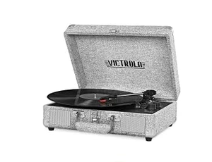 lot 543 image: Victrola Vintage 3-Speed Bluetooth Portable Suitcase Record Player with Built-in Speakers  Light Gray