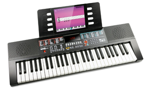 lot 89 image: RockJam 61-Key Black Electronic Keyboard Piano with Sheet Music Rest