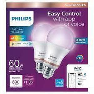 lot 78 image: Philips 2pk 8.8W Smart LED Wi-Fi and Bluetooth A19 Color