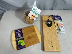 New Bamboo Bottle Opener, Mortar and Pestle, Cutting Board