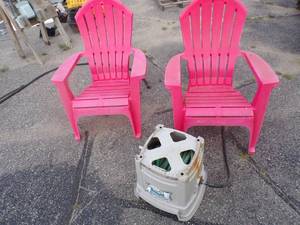 lot 99 image: Pair of Outdoor Chairs with Hose reel with hose
