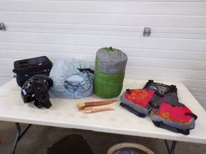 lot 136 image: Sleeping Bag, Air Matress, Filet Knives, Life jacket, Cooler and Head Guard