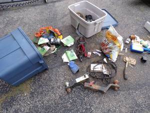 lot 199 image: Large Lot including 2 receiver Hitches, Hatchet, Totes, Jumper cables and more see pics