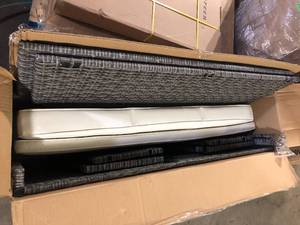 lot 1 image: Wicker Outdoor Day Bed with Removable Storage Cabinet and Bedside Cabinets, White Cushions   Customer Returns See Pictures