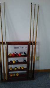 lot 814 image: Billard Cue Sticks, Ball, Rack. 27 X 3.5 X 33 H