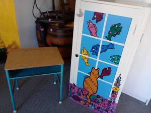 lot 702 image: Fun Vintage Hand Painted Cabinet And Play Desk.