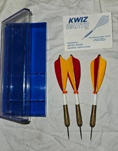 lot 403 image: Vintage Kwiz Unicorn Brass Darts With Feathers Made In England