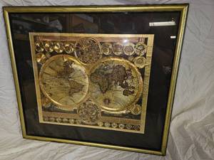 lot 495 image: Gold Foil World Map With Frame.