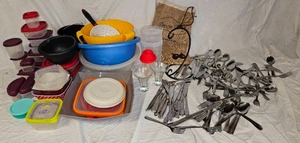 lot 851 image: Silverware, Plastic Storge Containers, and More In A Tote.