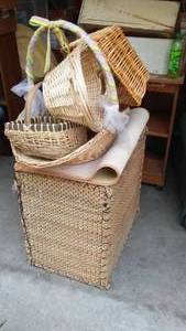 lot 564 image: Moroccan Pouf Ottoman And Wicker Baskets.