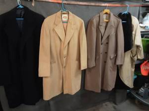 lot 41 image: 4 trench coats, tan 100% camel hair, black 100% cashmere, 2 others