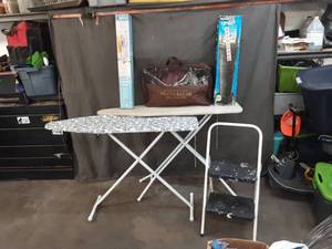lot 45 image: 2 ironing boards, tower fan, step ladder more