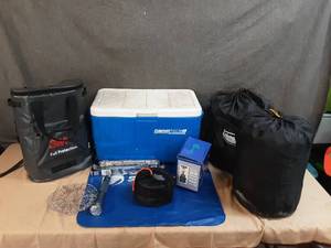 lot 38 image: Two coolers, air mattress, sleeping bag, cook set, more