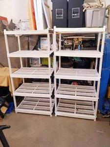 lot 134 image: pair of 5 tier white plastic shelves