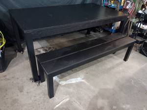 lot 132 image: Ikea table with 2 17 leafs and bench