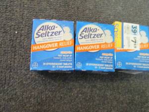 lot 215 image: 3- 20 ct AlkaSeltzer Hangover Relie...