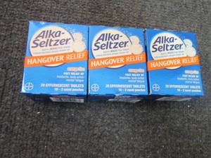 lot 237 image: 3- 20 ct AlkaSeltzer Hangover Relie...