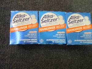 lot 238 image: 3- 20 ct AlkaSeltzer Hangover Relie...