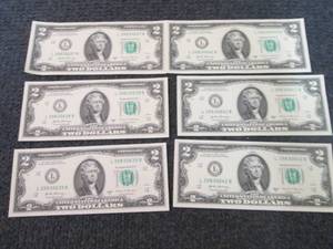 lot 315 image: 6 Sequential, Uncirculated $2 Bills...