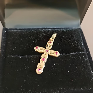 lot 13 image: Ruby Cross Pendant in 14K Gold - 0.7 Grams