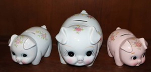 lot 5 image: (3) Lefton Vintage 1960s MCM Kitsch Pink White Fine China Pig Piggy Bank Flowers Hand Painted...