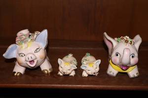 lot 13 image: Lefton Fine China Pig Piggy BankSalt & Pepper Shakers Hand-Painted Applied FlowersAnd One Lefton Elephant Bank