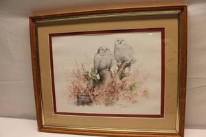 lot 70 image: Framed Artwork of Two Owls on a Tree Branch