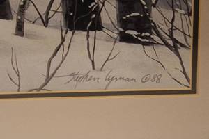 lot 92 image: Framed Stephen Lyman Winter Forest with Moose Artwork 1988