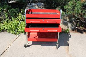 lot A-99 image: Red Metal Rolling Tool Cart with Two Drawers and Top Tray