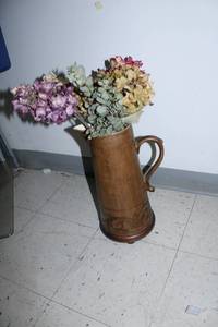 lot 146 image: Decorative Wooden Pitcher with Faux Floral Arrangement