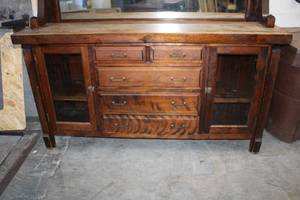 lot A-166 image: Antique Wooden Sideboard with Mirror and Glass Cabinets