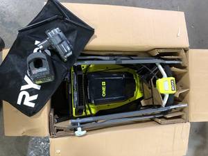 lot 24 image: RYOBI ONE 18V 13 in. Cordless Battery Walk Behind Push Lawn Mower with 4.0 Ah Battery and Charger  Customer Returns See Pictures