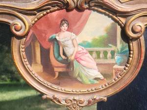 lot 19 image: Antique European Cartouche Gold Gilt Mirror - Signed Handpainted Portrait Inlay