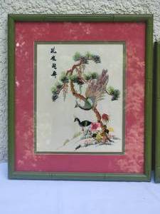 lot 49 image: Vintage Chinese Fine Art Silk Textile Panel Pair - Peacocks - Cranes