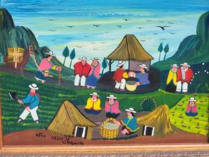 lot 22 image: Signed Original Ecuadorian Folk Art Painting - Pastoral Village