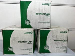 lot 12 image: 3 Cases (1000 each per case) NEW Ammex BC24B Large 24 Bouffant Caps - Blue -&nbspThese bouffant caps are an economical solution for food processing, product assembly, painting, janitorial, and pharmaceutical applications.