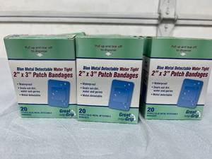 lot 15 image: MSRP $300  Lot of 36 Boxes (20 Bandages Per Box) NEW Great Grip Large 2 x 3&nbspSterile Metal Detectable Water Tight Patch Bandages - Blue -&nbspBlue Metal Detectable Bandages&nbspare commonly used in Food Processing Plants, Restaurants & Bars