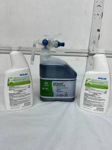 lot 28 image: Lot Of 2 NEW Large Bottles Ecolab Asepticare TBII Dual-Quaternary AmmoniumAlcohol Germicidal Surface Disinfectant and 1 Super Large Container Clorox Green Works 99% Naturally Derived Glass Cleaner
