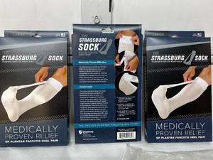 lot 37 image: Lot Of 3 NEW In Boxes Strassburg Plantar Fasciitis Medically Proven Heel Pain Relief Night Sock Plus Lot Of 3 NEW Mens SuperFeet Flipflops