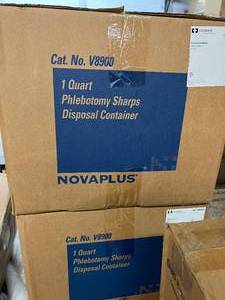 lot 41 image: Lot Of NEW In Cases Novaplus Phlebotomy Sharps Containers, BD Recykleen Cabinet, and Dynarex Sharps Containers