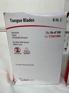 lot 47 image: Lot of 2 Boxes (500 per box) NEW Cardinal Health C1565-006 500-Pack 6 Non-Sterile Single-Use Individually Wrapped Tongue Depressor Blades - Boxes Have Wear & May Not Be Complete