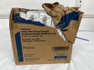 lot 54 image: 1 Case (5000 each) NEW Patterson Dental 107-4129 2 x 2 Non-Sterile Cotton-Filled Gauze Sponges - Box Has Damage On Side