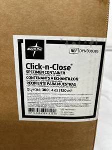 lot 66 image: MSRP $100  1 Case (300 each) NEW Medline DYND30385 4 oz. Click-N-Close Specimen UA Containers with Tamper Proof Patient LD Label