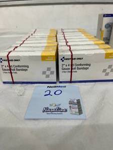 lot 76 image: Lot Of 20 Boxes (2 Rolls per box) NEW First Aid Only B204 2 x 4 yd. Conforming Gauze Roll Bandages, Lot Of 19 Boxes (25 Bandages per box) NEW First Aid Only FAE-301D 1 x 3 Metal Detectable Fabric Bandages Plus More