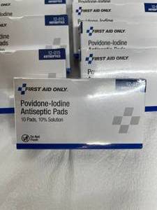 lot 77 image: Lot of 15 Boxes (10 Pads per box) NEW First Aid Only 12-015 10% Solution Povidone-Iodine Antiseptic Pads - Expiration 1125