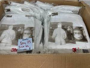 lot 89 image: MSRP $180  Lot of 25 NEW&nbsp3M Disposable Protective White Coveralls, Hooded with Elastic Cuff, Two-Way Zipper, Antistatic, Painting and Coating, Food Safety, X-Large, 4515-XL